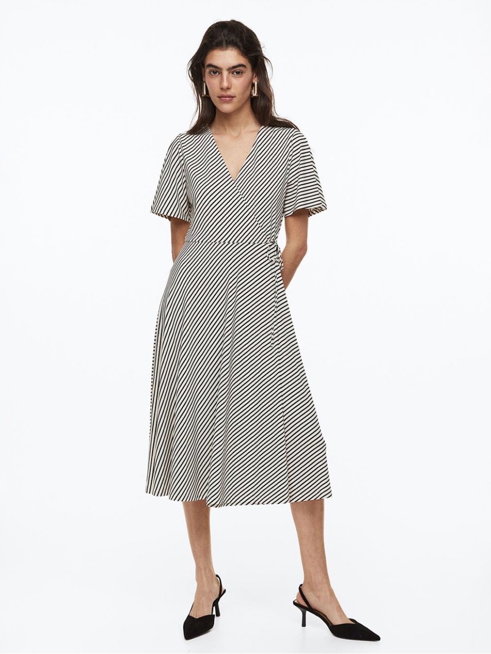 H&M Striped V-Neck Midi Dress - Black & Beige